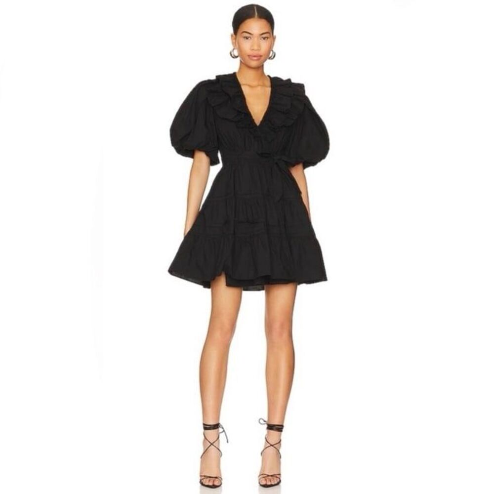 Love The Label Remy Black Puff Sleeve Ruffle Wrap 100% Cotton Mini Dress Small